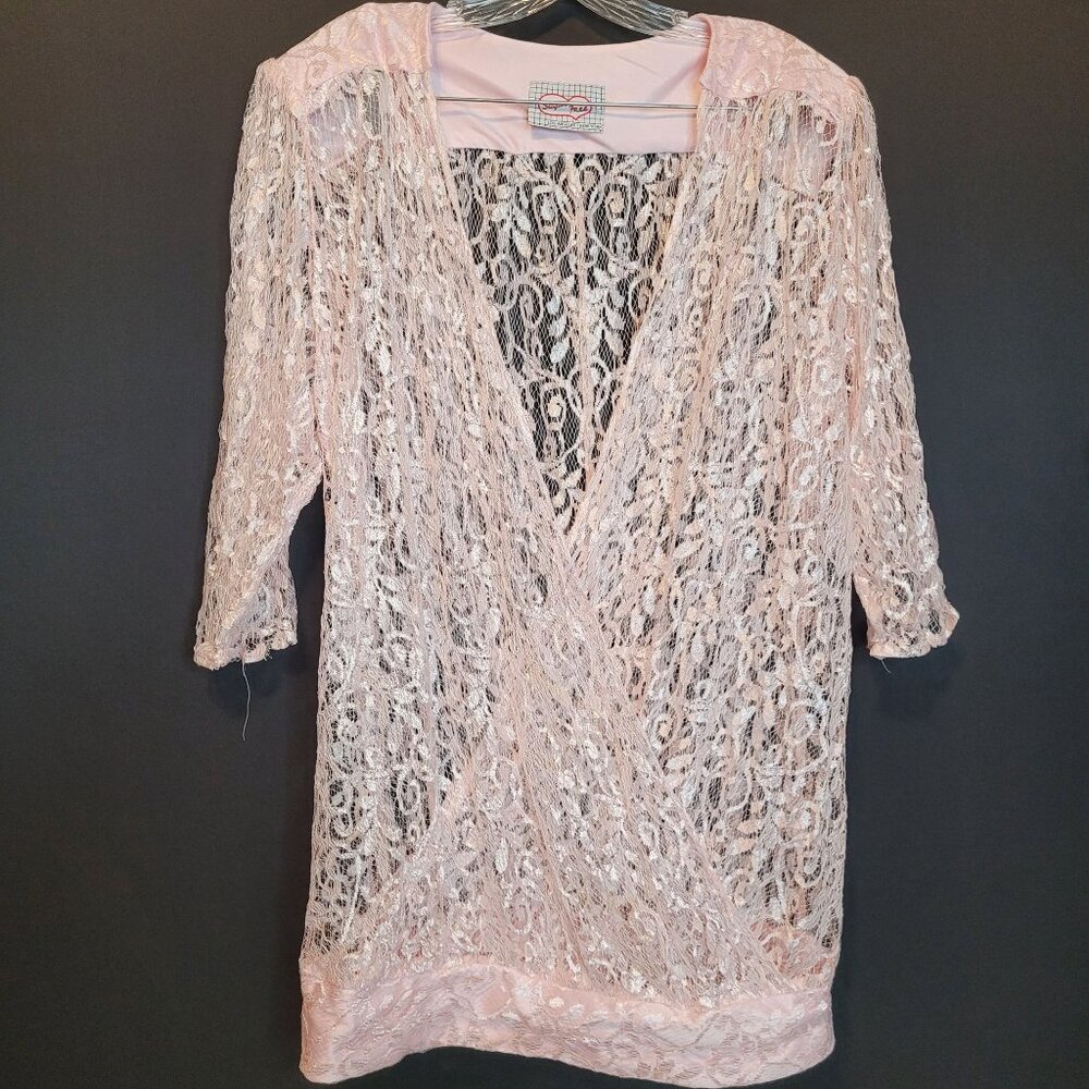 Vintage Pink Lace Blouse Top Surplice Sheer Drop Waist Sugar Free
